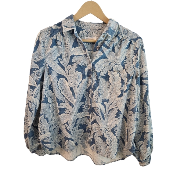 🔵 Anthropologie Pilcro Blue Paisley Sigourney Corduroy Buttondown Blouse Top - Picture 2 of 4